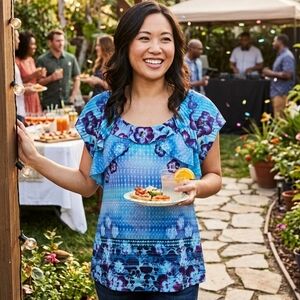 Boho One World PL Blue Purple Pansies Violets Floral Silky Ruffled Petite Top